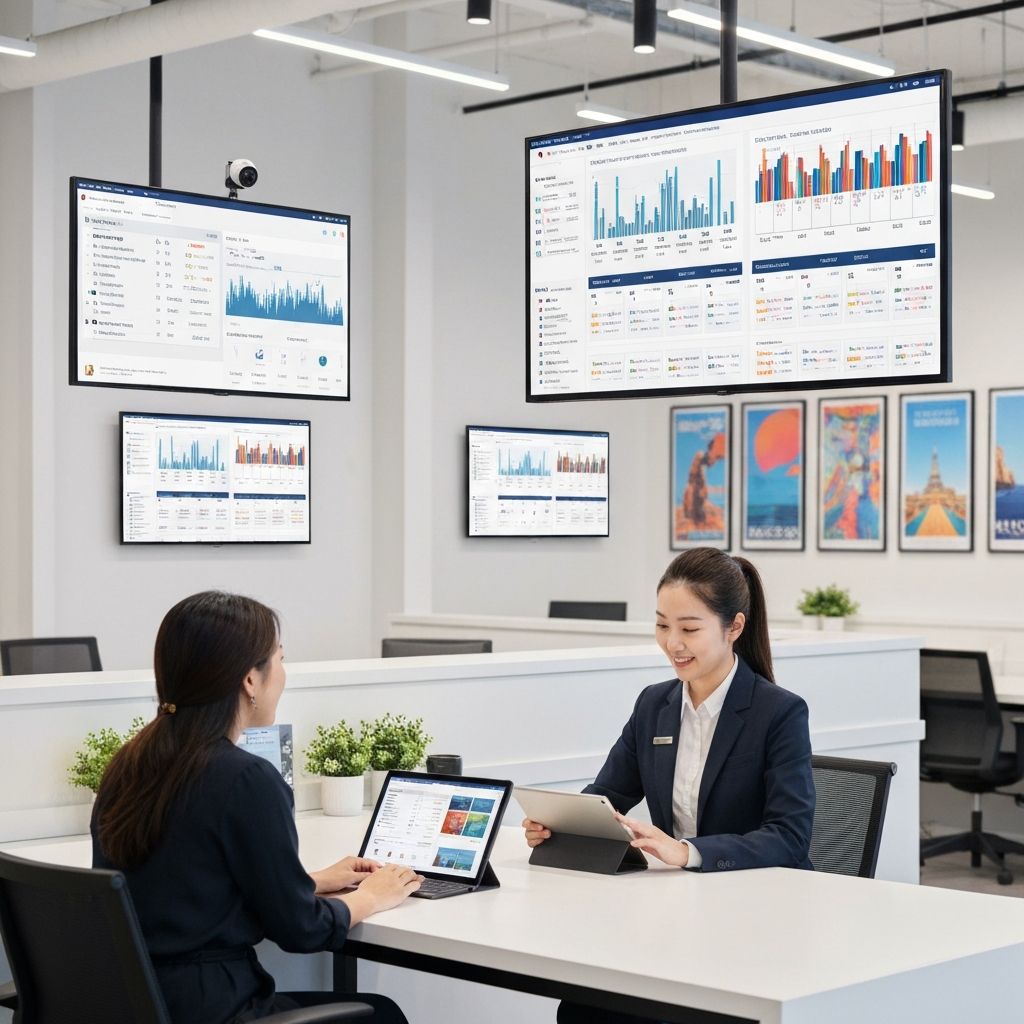 Oficina moderna de DMC con pantallas digitales mostrando sistemas de IA